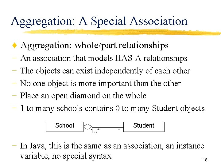 Aggregation: A Special Association ♦ Aggregation: whole/part relationships − − − An association that Aggregation: A Special Association ♦ Aggregation: whole/part relationships − − − An association that