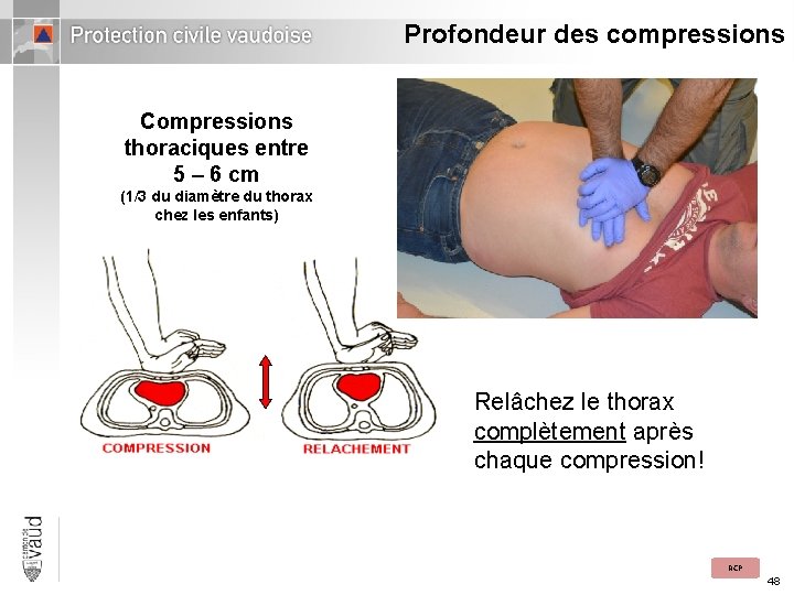 Profondeur des compressions Compressions thoraciques entre 5 – 6 cm (1/3 du diamètre du