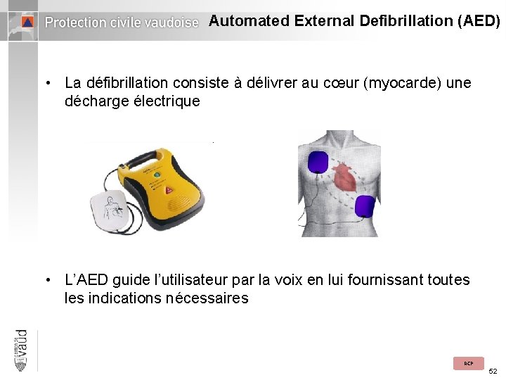 Automated External Defibrillation (AED) • La défibrillation consiste à délivrer au cœur (myocarde) une