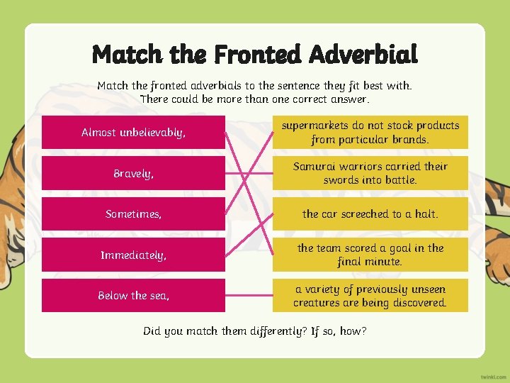 Match the Fronted Adverbial Match the fronted adverbials to the sentence they fit best