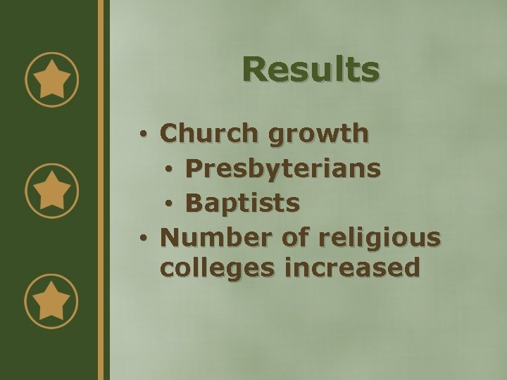 Results • Church growth • Presbyterians • Baptists • Number of religious colleges increased