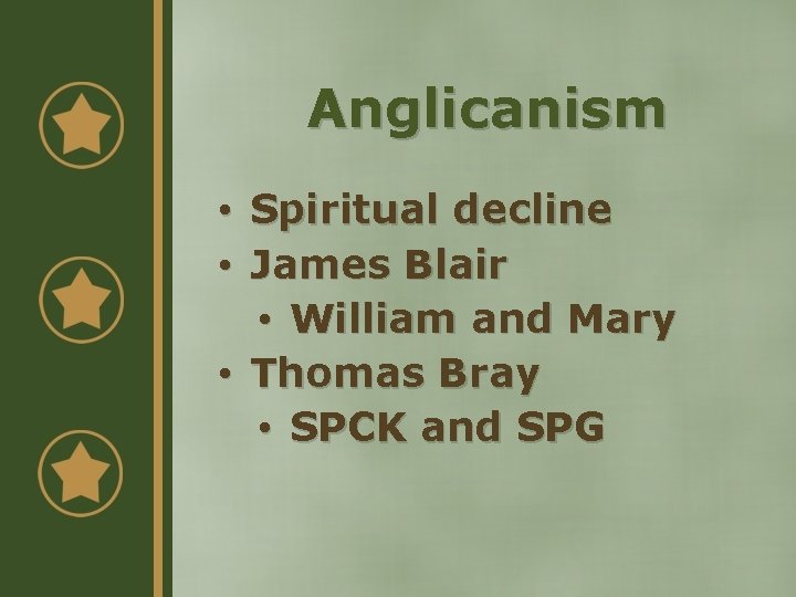 Anglicanism • Spiritual decline • James Blair • William and Mary • Thomas Bray