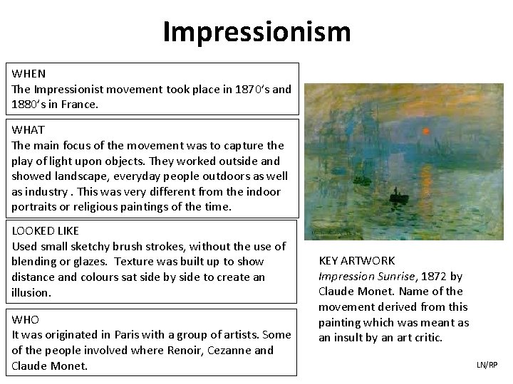 Impressionism WHEN The Impressionist movement took place in 1870’s and 1880’s in France. WHAT