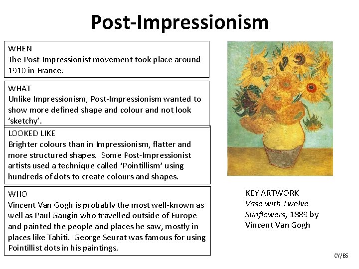 Post-Impressionism WHEN The Post-Impressionist movement took place around 1910 in France. WHAT Unlike Impressionism,