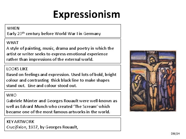 Expressionism WHEN Early 20 th century before World War I in Germany WHAT A