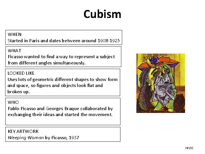 Cubism WHEN Started in Paris and dates between around 1908 -1925 WHAT Picasso wanted