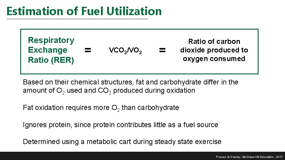 Estimation of Fuel Utilization Respiratory Exchange Ratio (RER) = VCO 2/VO 2 = Ratio