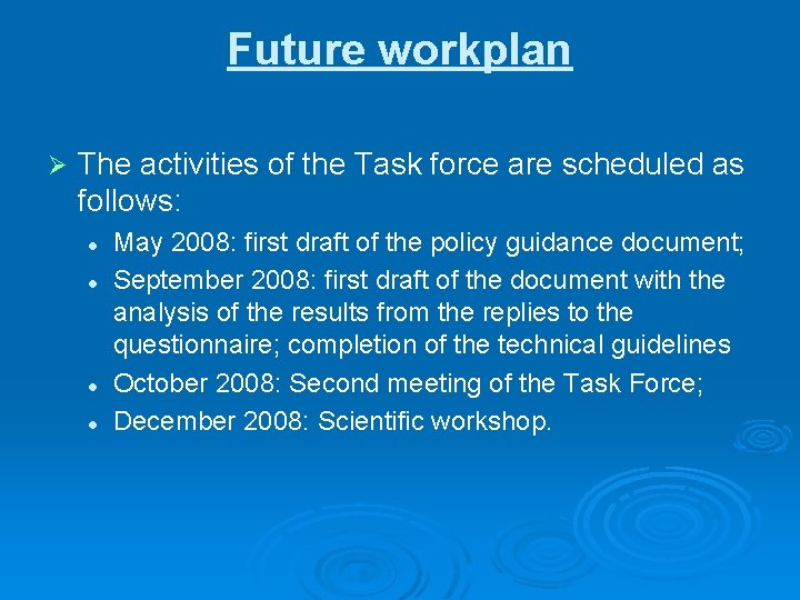 Future workplan Ø The activities of the Task force are scheduled as follows: l