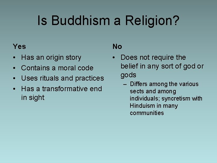 Is Buddhism a Religion? Yes No • • • Does not require the belief