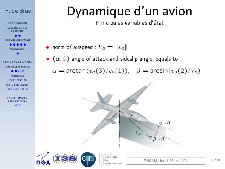 F. Le Bras INTRODUCTION Véhicules aériens autonomes Dynamique d’un avion Principales variables d’état Asservissement