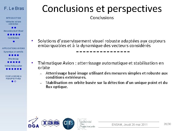 Conclusions et perspectives F. Le Bras Conclusions INTRODUCTION Véhicules aériens autonomes Asservissement Visuel Contributions