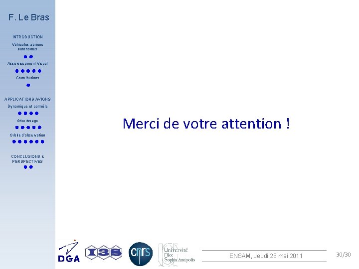 F. Le Bras INTRODUCTION Véhicules aériens autonomes Asservissement Visuel Contributions APPLICATIONS AVIONS Dynamique et