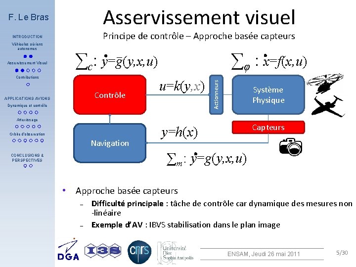 Asservissement visuel F. Le Bras Principe de contrôle – Approche basée capteurs INTRODUCTION Asservissement