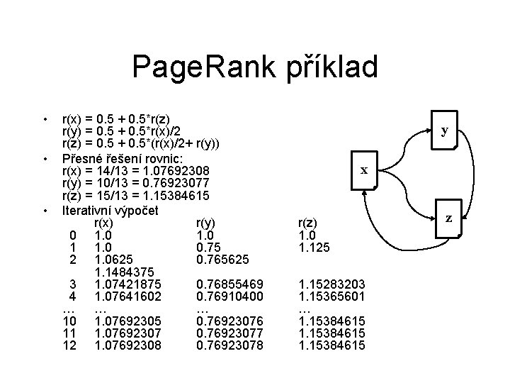 Page. Rank příklad • • • r(x) = 0. 5 + 0. 5*r(z) r(y)