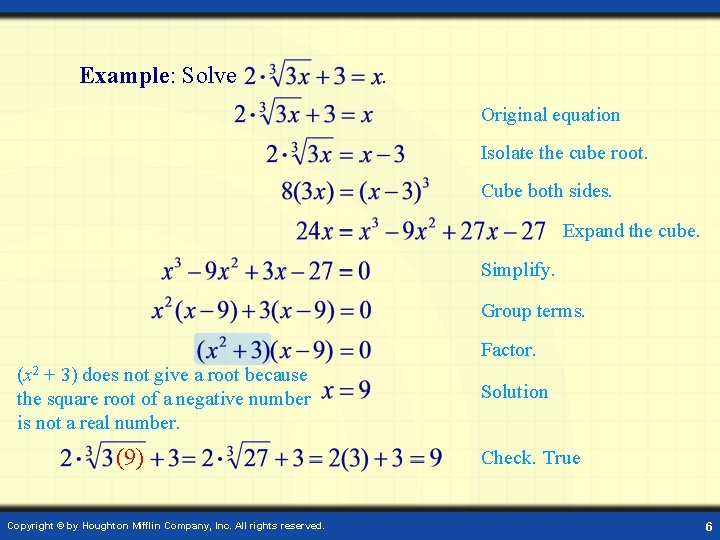 Example: Solve . Original equation Isolate the cube root. Cube both sides. Expand the