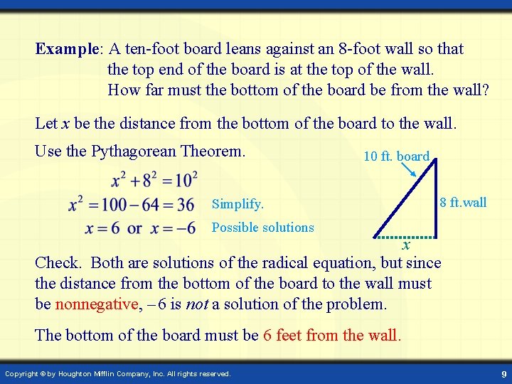Example: A ten-foot board leans against an 8 -foot wall so that the top