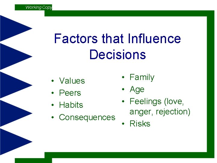 Working Copy Factors that Influence Decisions • • • Family Values • Age Peers