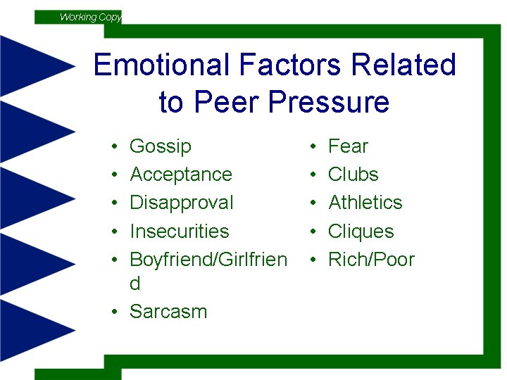 Working Copy Emotional Factors Related to Peer Pressure • • • Gossip Acceptance Disapproval