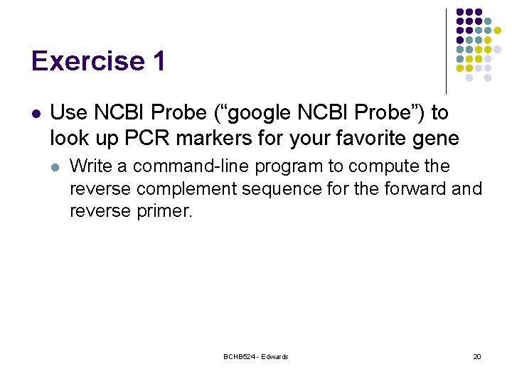 Exercise 1 l Use NCBI Probe (“google NCBI Probe”) to look up PCR markers Exercise 1 l Use NCBI Probe (“google NCBI Probe”) to look up PCR markers