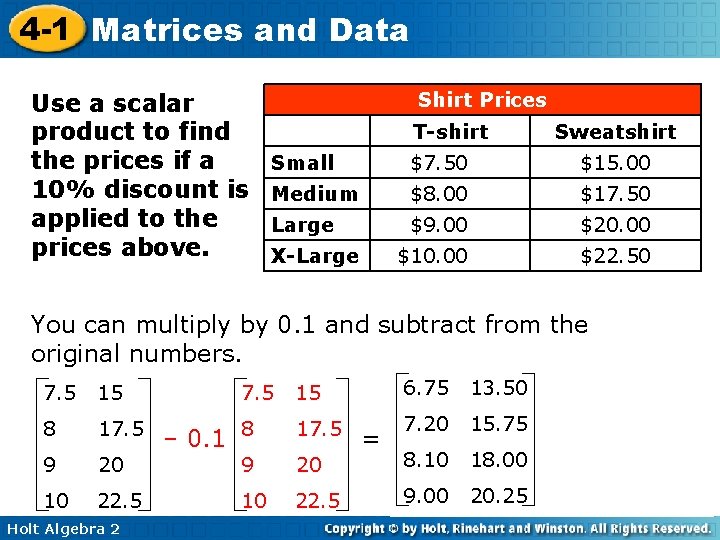 4 -1 Matrices and Data Use a scalar product to find the prices if