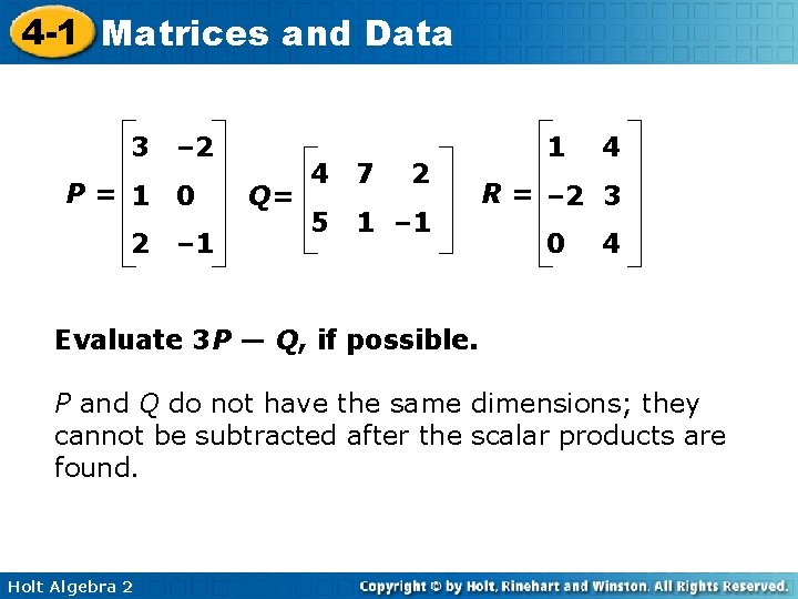 4 -1 Matrices and Data 3 P= 1 2 – 2 0 – 1