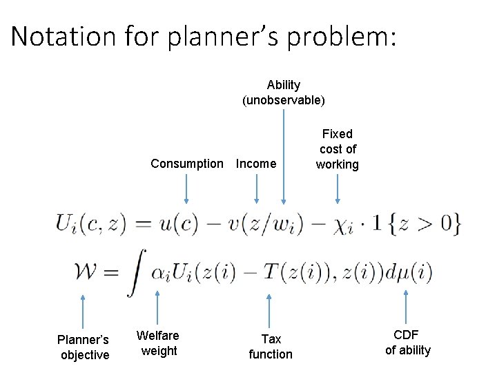 Notation for planner’s problem: Ability (unobservable) Consumption Income Planner’s objective Welfare weight Tax function