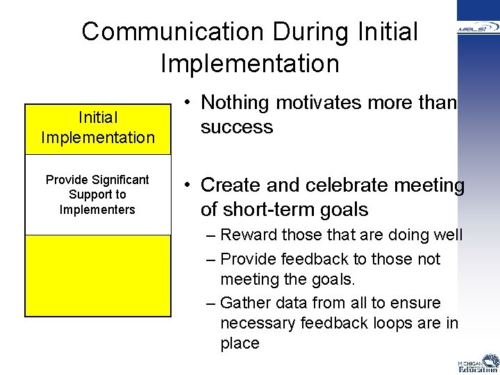 Communication During Initial Implementation Provide Significant Support to Implementers • Nothing motivates more than