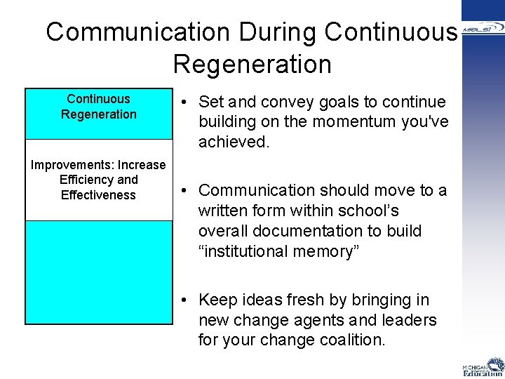 Communication During Continuous Regeneration Improvements: Increase Efficiency and Effectiveness • Set and convey goals