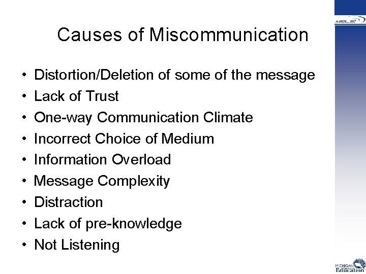 Causes of Miscommunication • • • Distortion/Deletion of some of the message Lack of