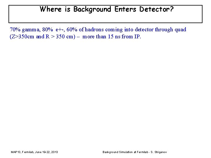 Where is Background Enters Detector? 70% gamma, 80% e+-, 60% of hadrons coming into