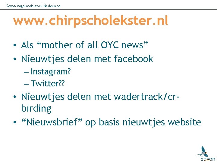 Sovon Vogelonderzoek Nederland www. chirpscholekster. nl • Als “mother of all OYC news” •