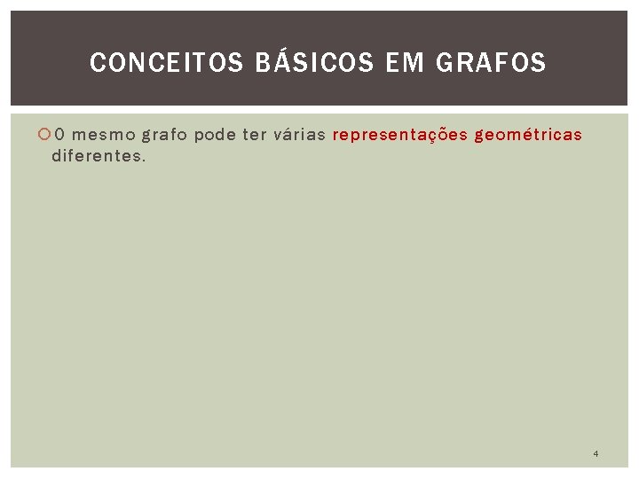 CONCEITOS BÁSICOS EM GRAFOS O mesmo grafo pode ter várias representações geométricas diferentes. 4