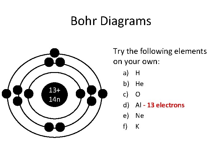 Bohr Diagrams Try the following elements on your own: 13+ 14 n a) b)