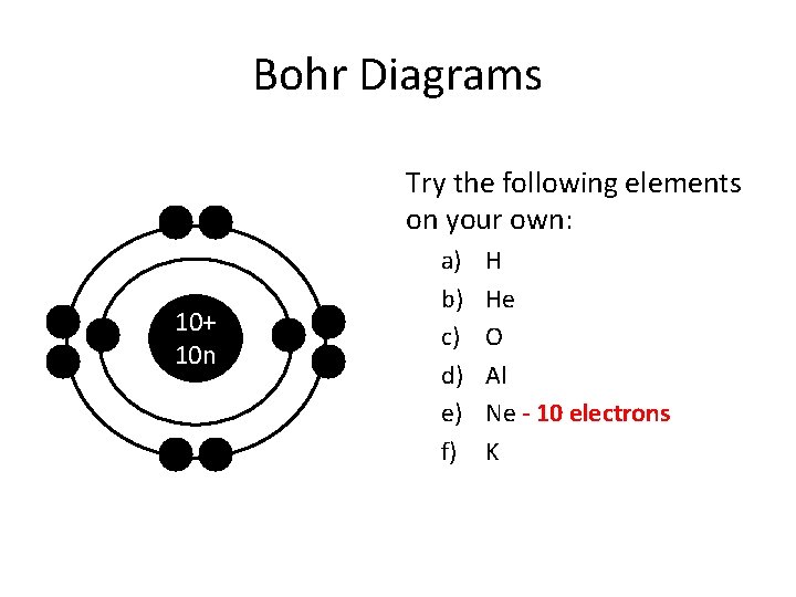 Bohr Diagrams Try the following elements on your own: 10+ 10 n a) b)