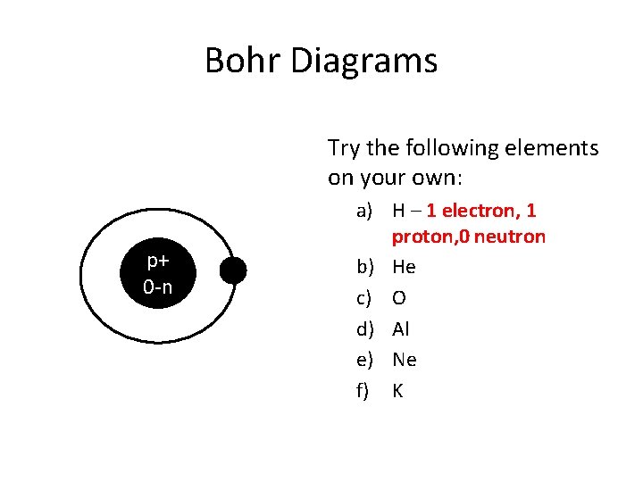 Bohr Diagrams Try the following elements on your own: p+ 0 -n a) H