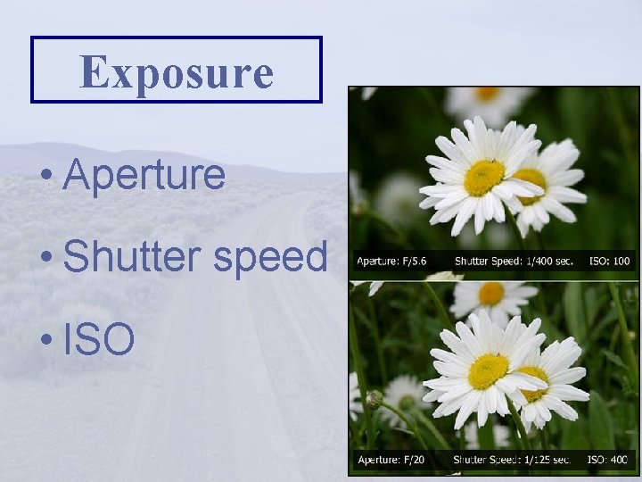 Exposure • Aperture • Shutter speed • ISO 