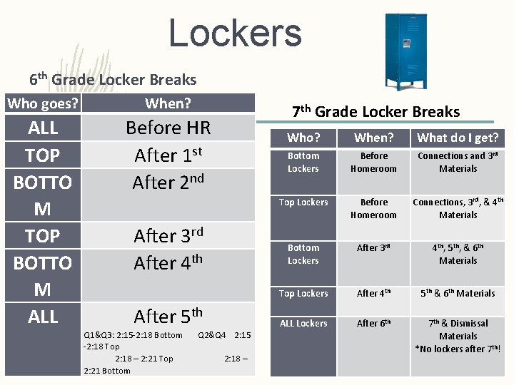 Lockers 6 th Grade Locker Breaks Who goes? When? ALL TOP BOTTO M ALL Lockers 6 th Grade Locker Breaks Who goes? When? ALL TOP BOTTO M ALL