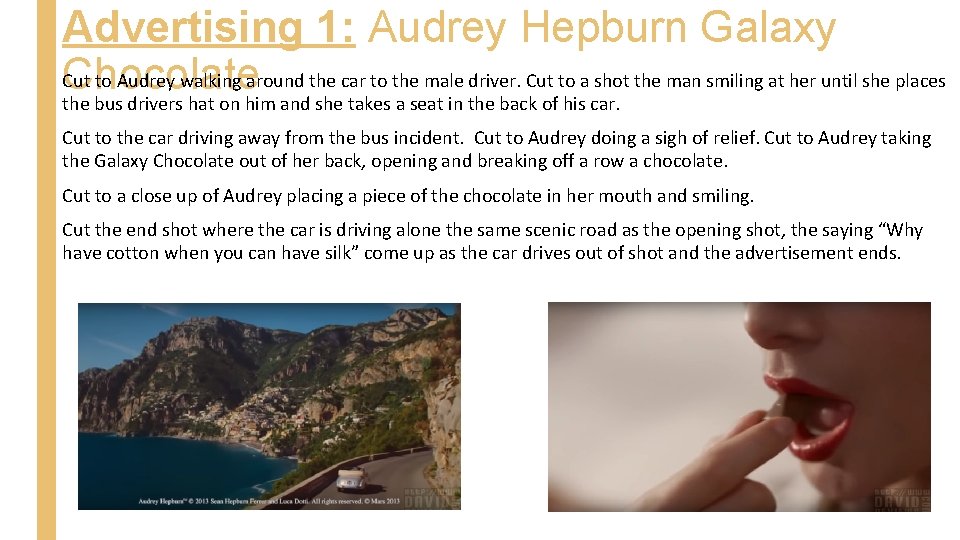 Advertising 1: Audrey Hepburn Galaxy Cut to Audrey walking around the car to the