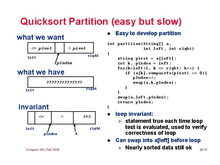 Quicksort Partition (easy but slow) l what we want <= pivot > pivot right