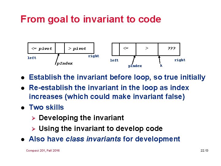 From goal to invariant to code <= pivot p. Index l l l >
