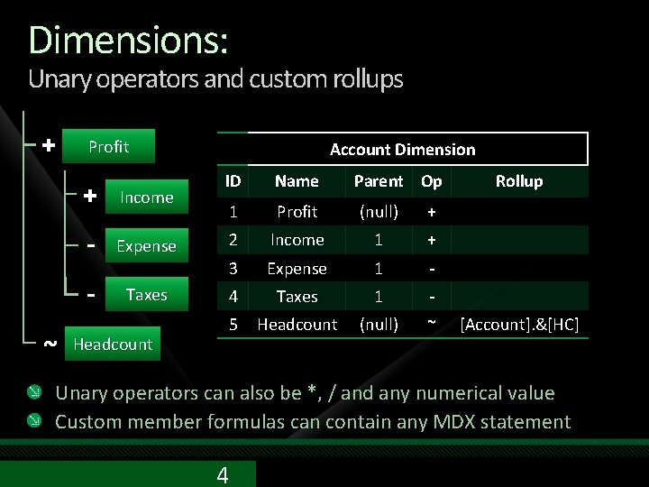 Dimensions: Unary operators and custom rollups + ~ Profit Account Dimension ID Name Parent Dimensions: Unary operators and custom rollups + ~ Profit Account Dimension ID Name Parent