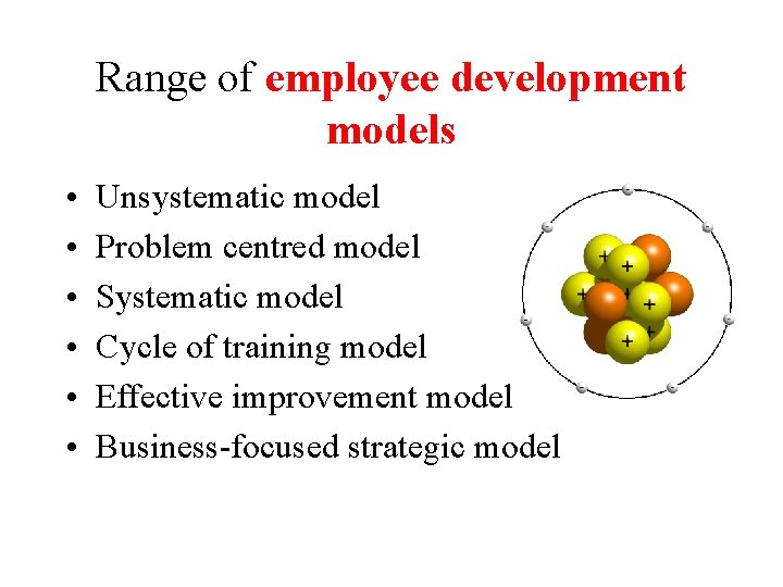 Range of employee development models • • • Unsystematic model Problem centred model Systematic