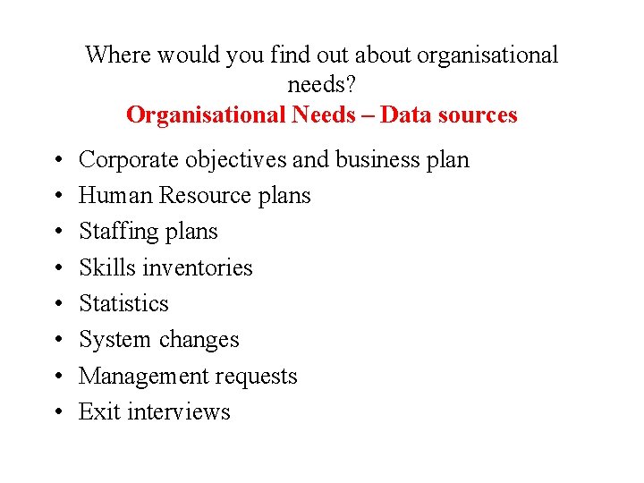 Where would you find out about organisational needs? Organisational Needs – Data sources •