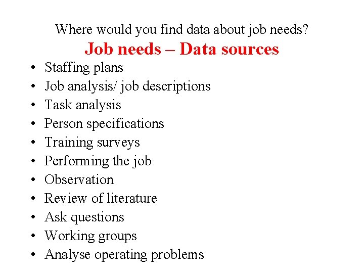 Where would you find data about job needs? Job needs – Data sources •