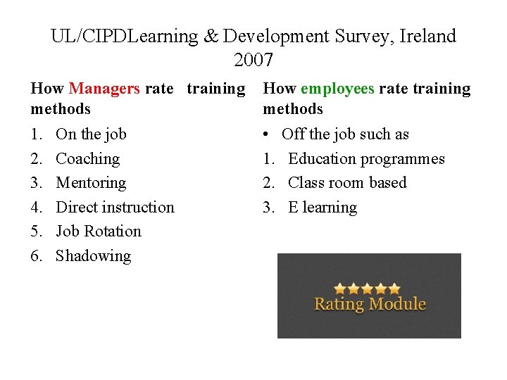 UL/CIPDLearning & Development Survey, Ireland 2007 How Managers rate training methods How employees rate