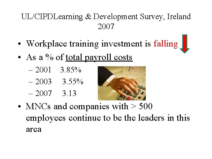 UL/CIPDLearning & Development Survey, Ireland 2007 • Workplace training investment is falling • As