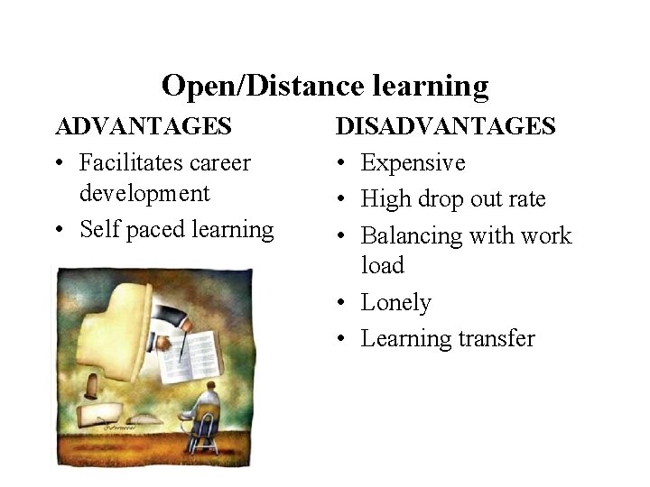 Open/Distance learning ADVANTAGES • Facilitates career development • Self paced learning DISADVANTAGES • Expensive