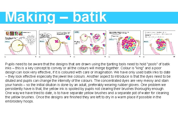 Making – batik Pupils need to be aware that the designs that are drawn