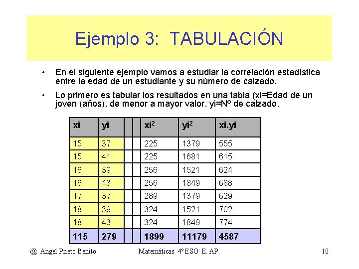 Ejemplo 3: TABULACIÓN • En el siguiente ejemplo vamos a estudiar la correlación estadística