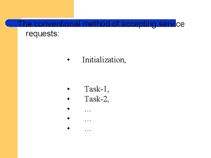 The conventional method of accepting service requests: • Initialization, • • • Task-1, Task-2,